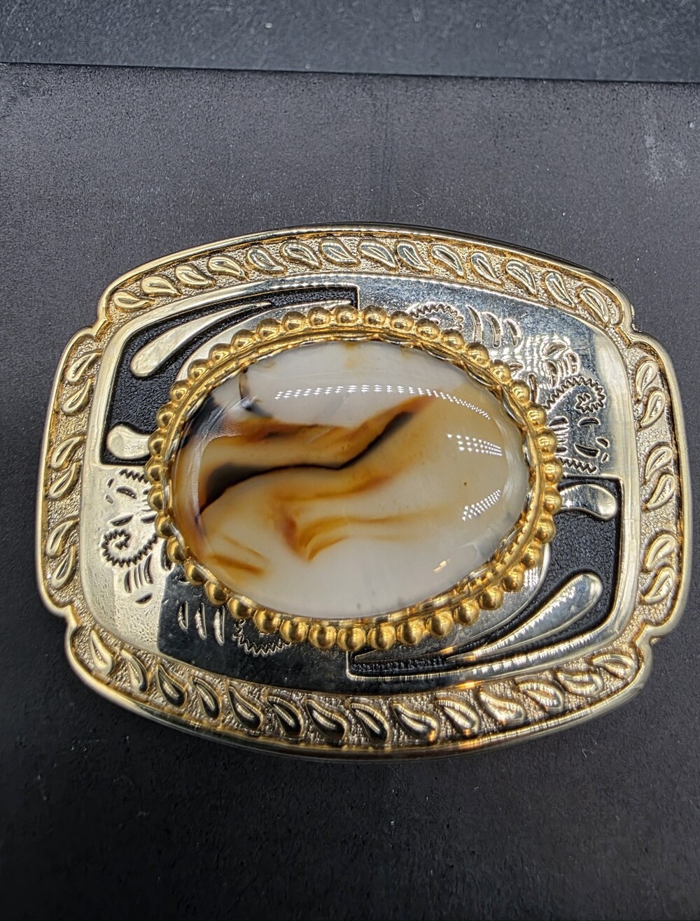 Gold-Tone Western Oval Ocean Jasper Statement Belt Buckle